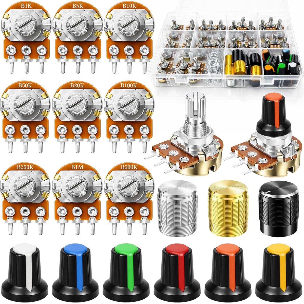 Lineaire potentiometer 111PCS - B1K tot B1M Ohm - met standaard knop - veelzijdig gebruik - SnelShoppen