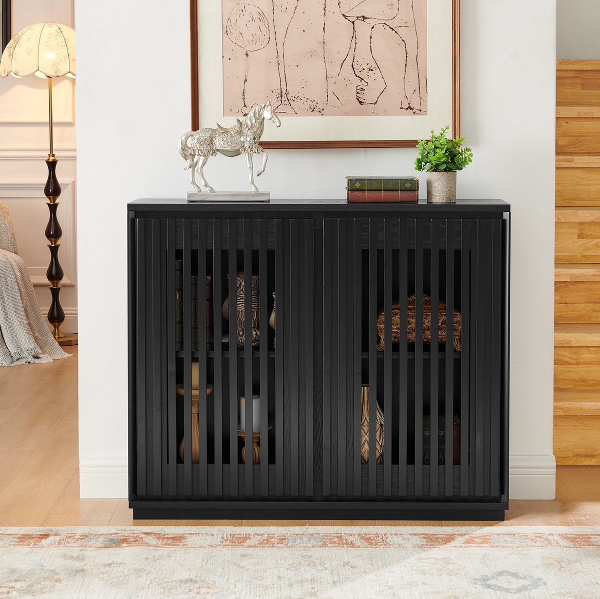 STILVORA Dressoir - Vintage Design Met Geribbelde Deuren En Kabelopeningen - Voor Hal En Woonkamer - MDF - 99x23,5x82,6 Cm - Zwart