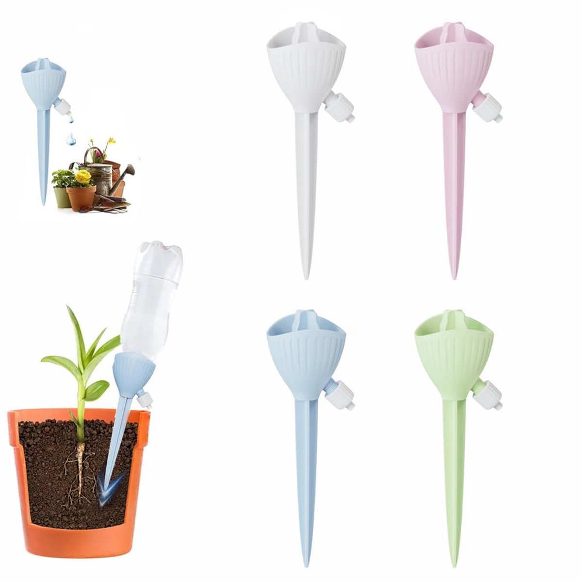 KZQ 4-delige verstelbare zelfwatergevende spikes voor planten - Druppelirrigatie met klep - Universeel voor flessen 28-30 mm - Geschikt voor binnen en buiten