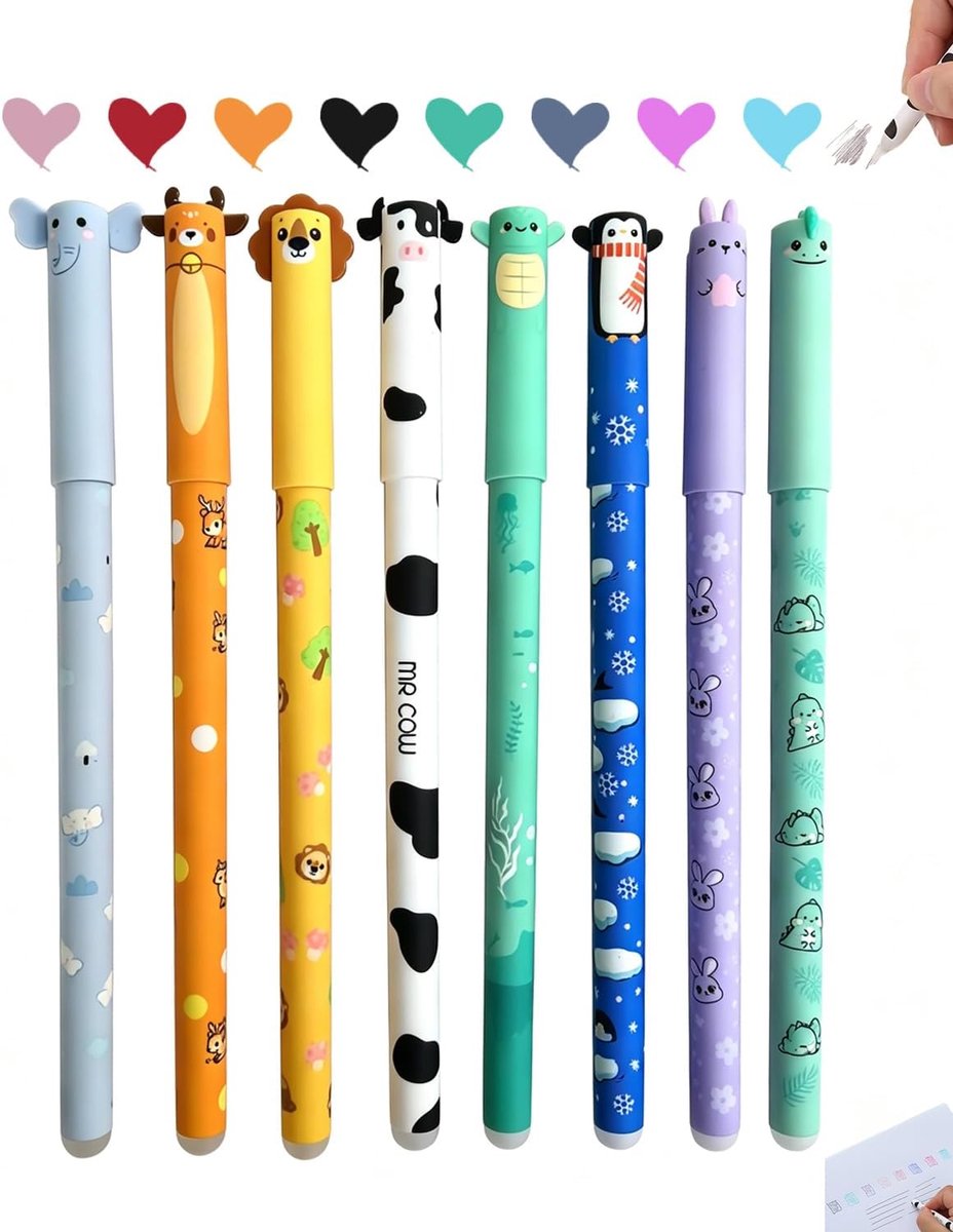 Set van 8 uitwisbare gelpennen 0,5 mm - hittegevoelige inkt - dierenontwerpen - eenvoudig corrigeren - SnelShoppen