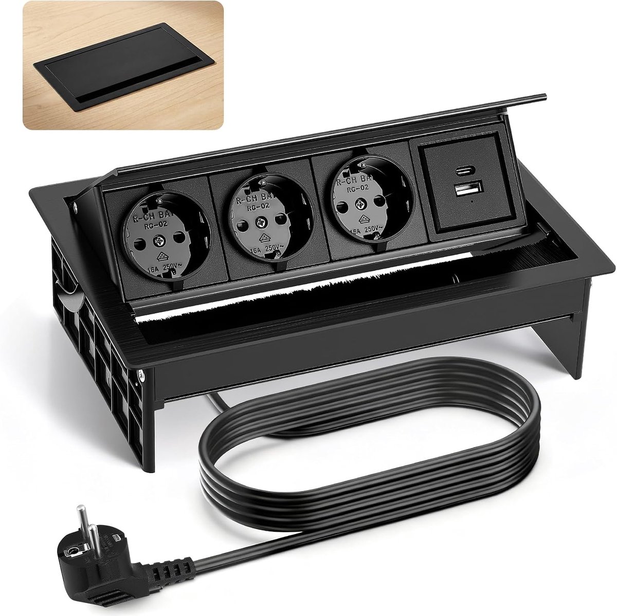 Inbouwstopcontact 3 Sockets - Aluminium - Met USB-C en USB-A - Ideaal voor kantoor en vergaderruimtes - SnelShoppen