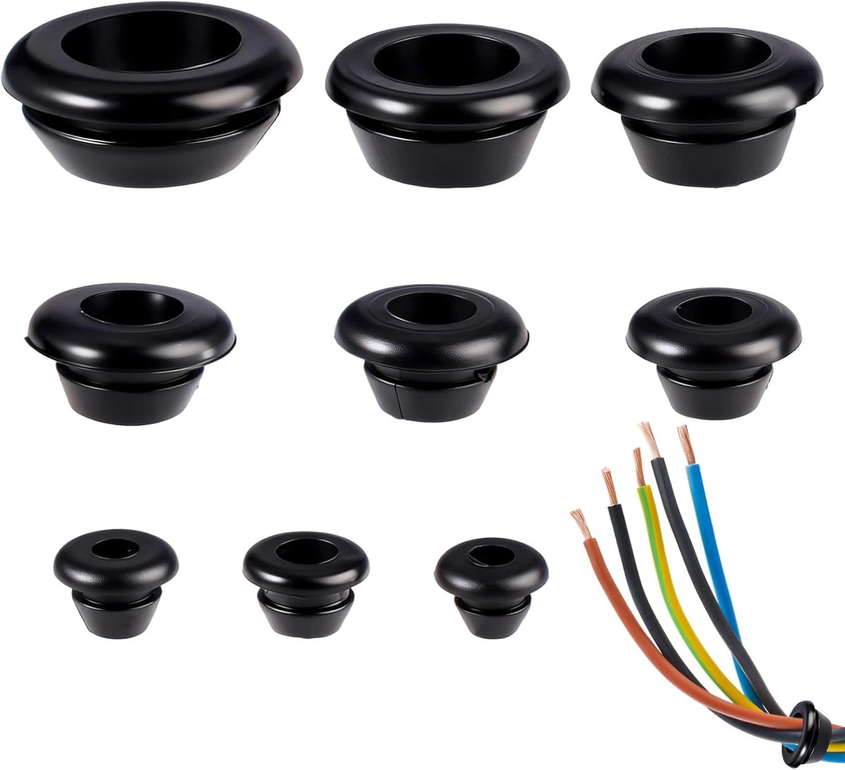 SnelShoppen - 90 Stuks Rubber Kabeldoorvoer Gummitülle, 9 Maten Zwart Waterdicht, Kabelbescherming voor Cables en Draden (3/5/6/7/8/9/10/12/14mm)