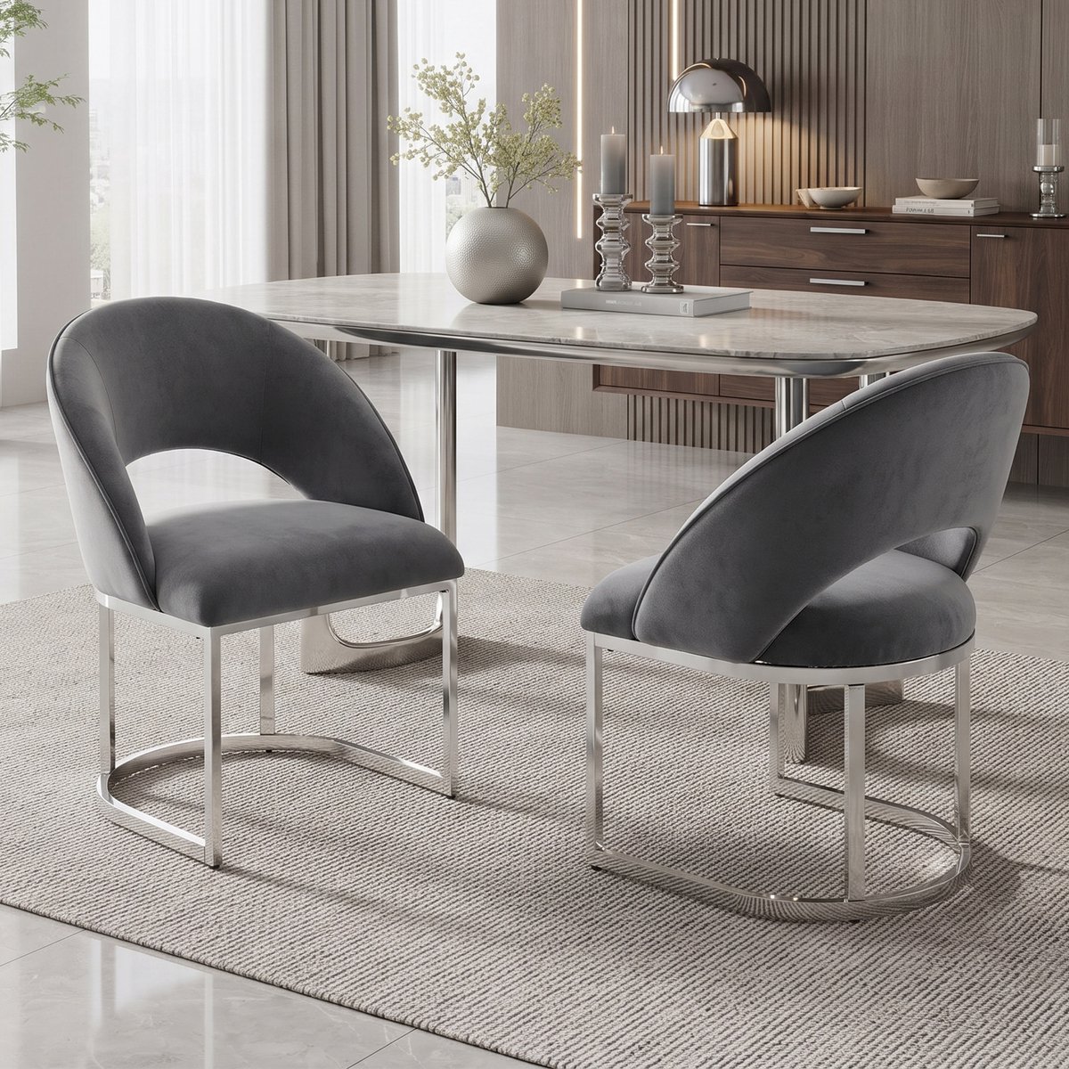 Clruro Eetkamerstoelen - 2 Stuks - Gebogen Rug met Zilverpoten - Fluweel en Metaal - Grijs/Zilver
