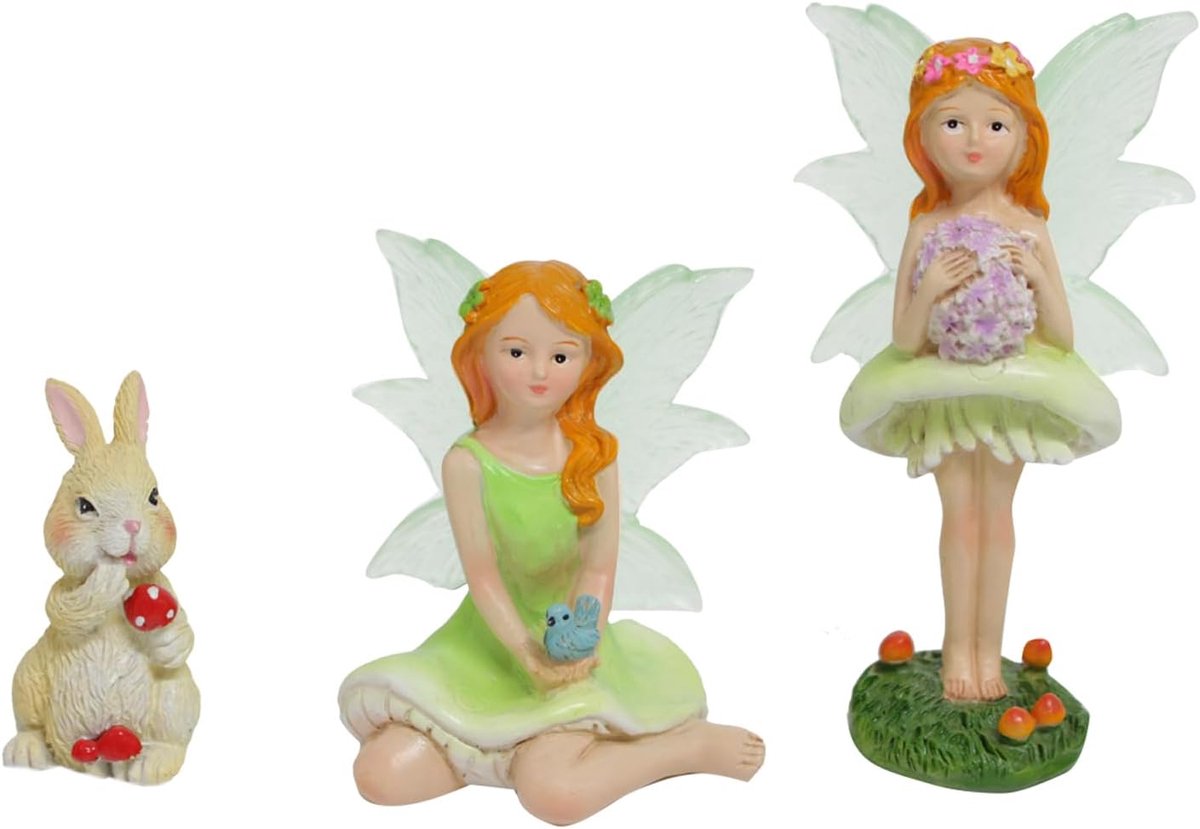 Miniatuurtuinfiguren - 3-delige set met lichtgevende vleugels - schattige elfjes en konijn - SnelShoppen