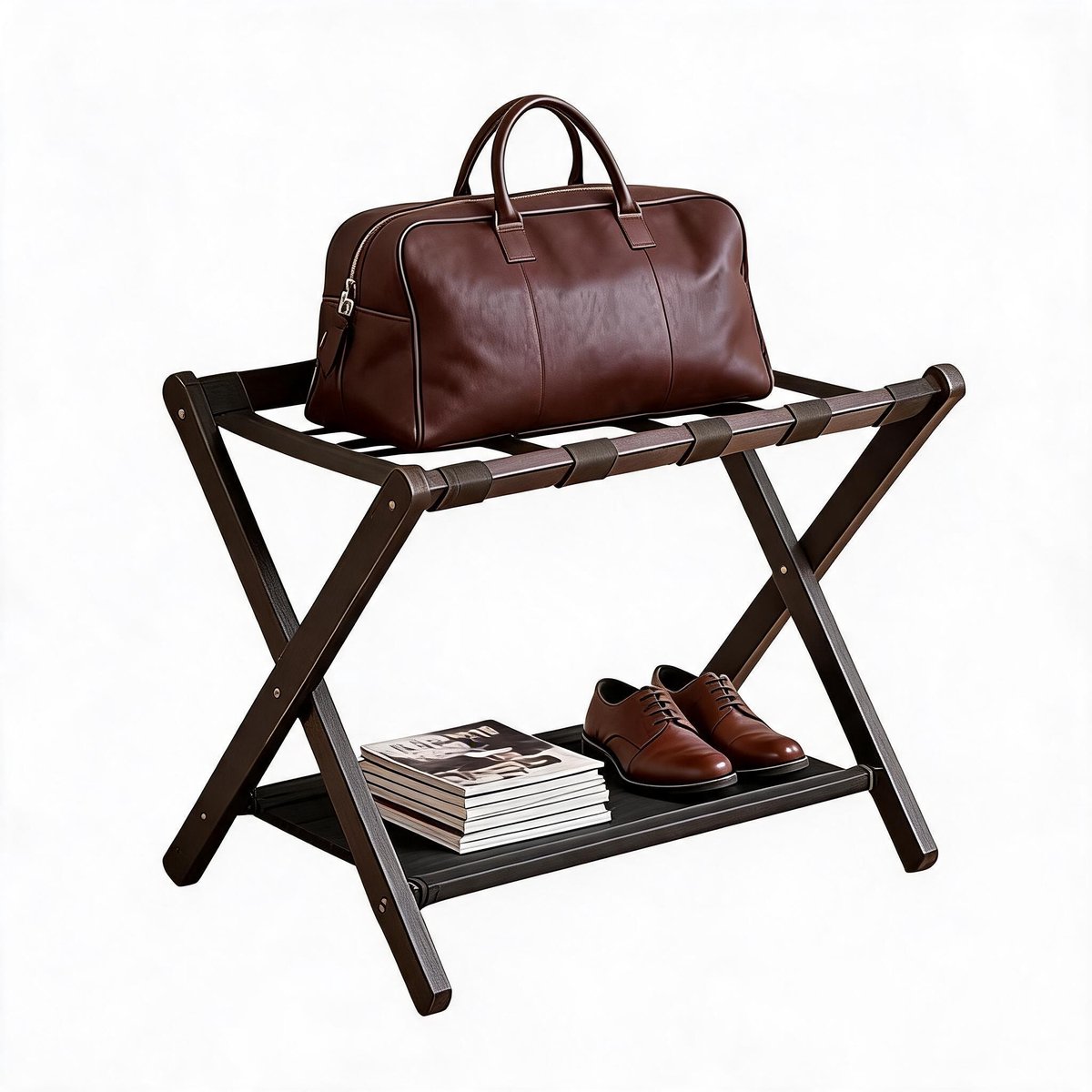 Danky - 1 stuks 67x47x51cm luxe opvouwbaar bamboe bagagerek bruin met premium canvas - hoog belastbaar duurzaam gastaccessoire voor luxehotel en villainrichting