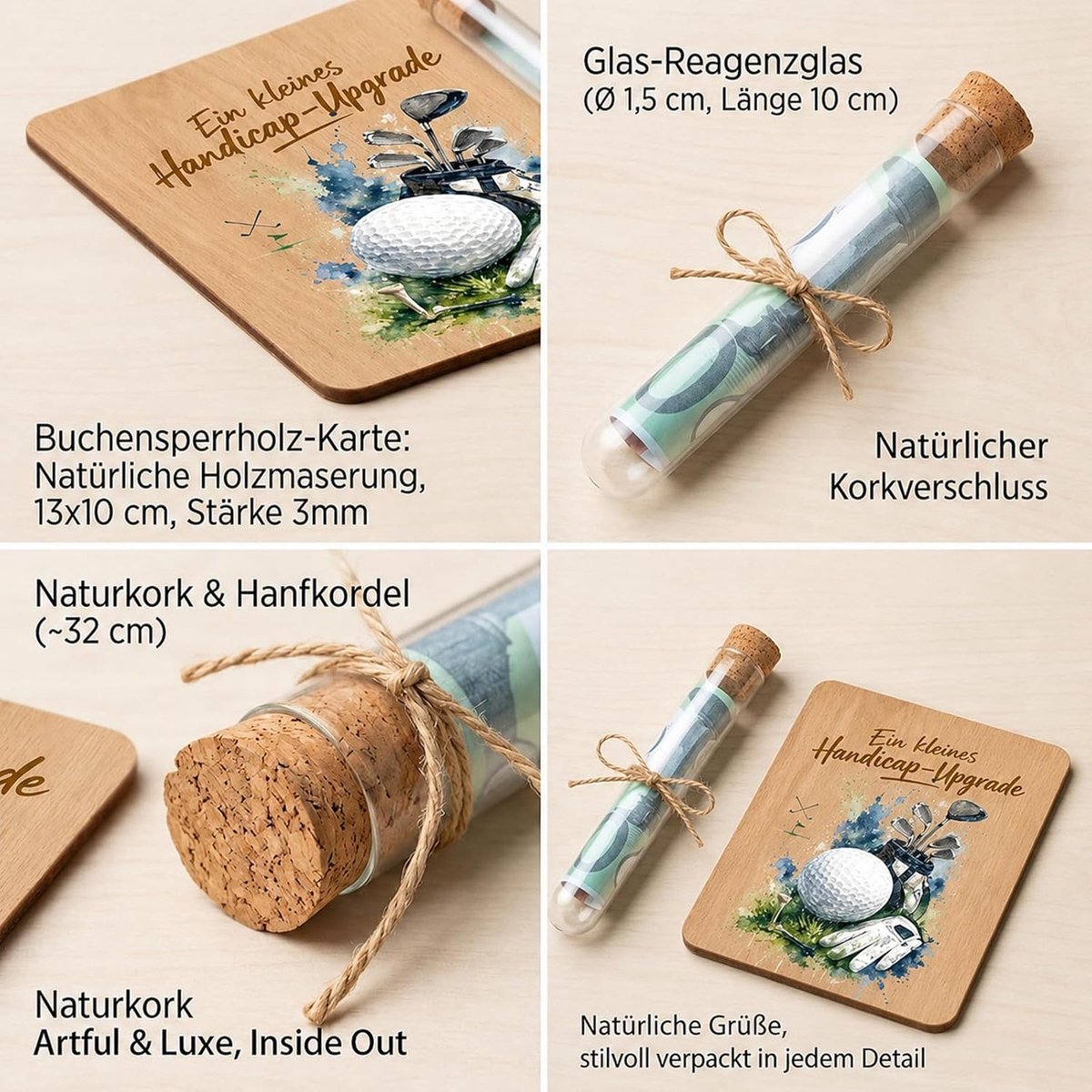 Golfcadeau geldgeschenkverpakking - hout met reageerbuis - golfmotief - originele verrassing voor golfers - SnelShoppen