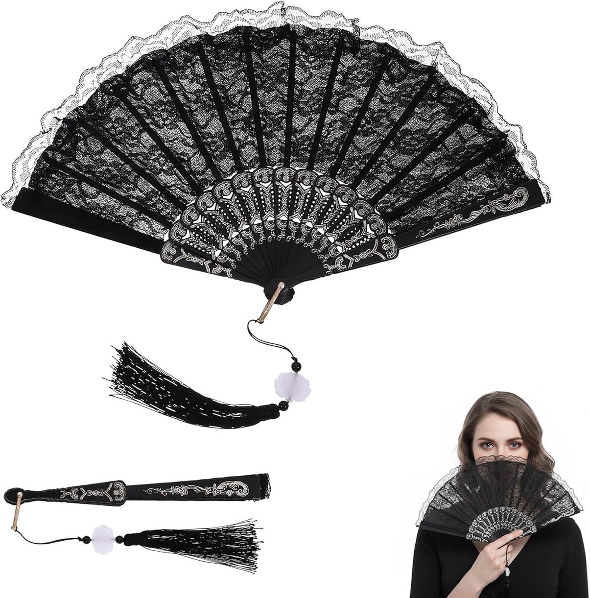 Vouwbare kant fan - dubbele laag met zilveren print - elegant design - perfect voor bruiloften - SnelShoppen