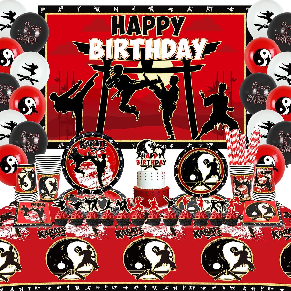 Karate verjaardagsdecoraties - feestaccessoires met achtergrond, borden, bekers, servetten, taarttoppers, ballonnen - ShopVlot