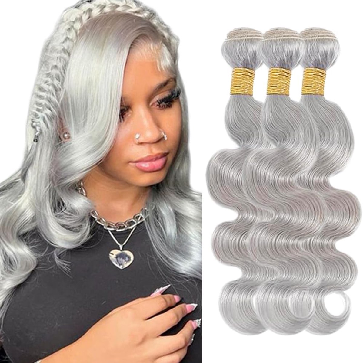 Human Hair Extensions Body Wave - Grijs 3 Bundels 150g - Onbehandeld Braziliaans Haar - Perfect voor Haarwerken - ShopVlot