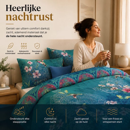 Vrouw op een bed met blauw dekbedovertrek met bloemenprint, roze bloemen, witte bloemen en vlinders.