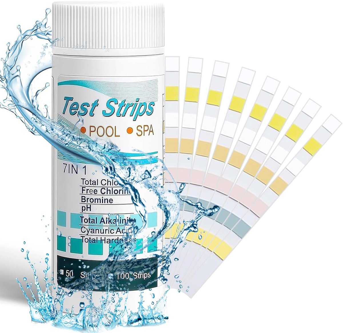 Teststrips zwembad 100 stuks - 7-in-1 - meten pH, chloor, alkaliteit - eenvoudig water testen - ShopVlot