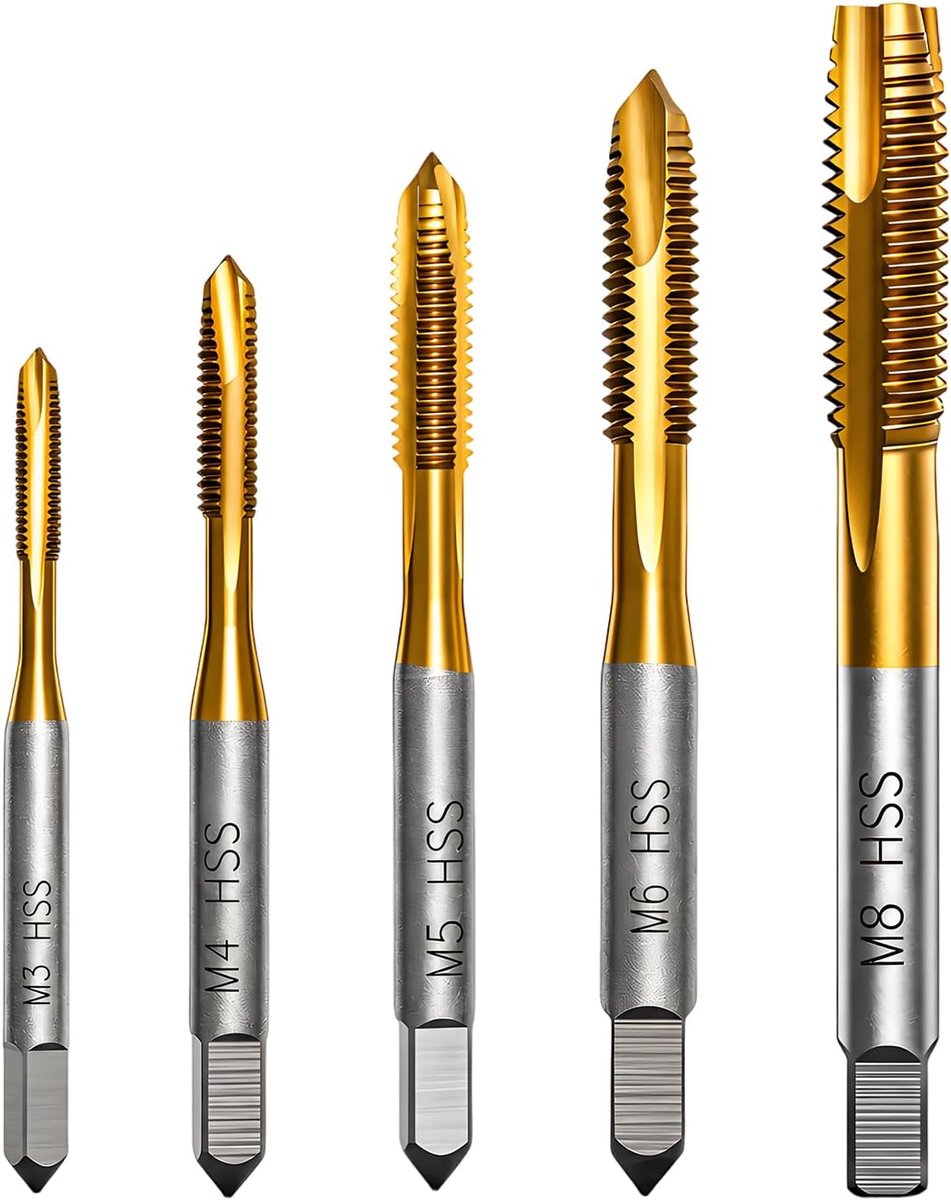 schroefdraadsnijders 5 stuks - HSS titanium M3, M4, M5, M6, M8 - hoge hardheid - ideaal voor metaalbewerking - ShopVlot