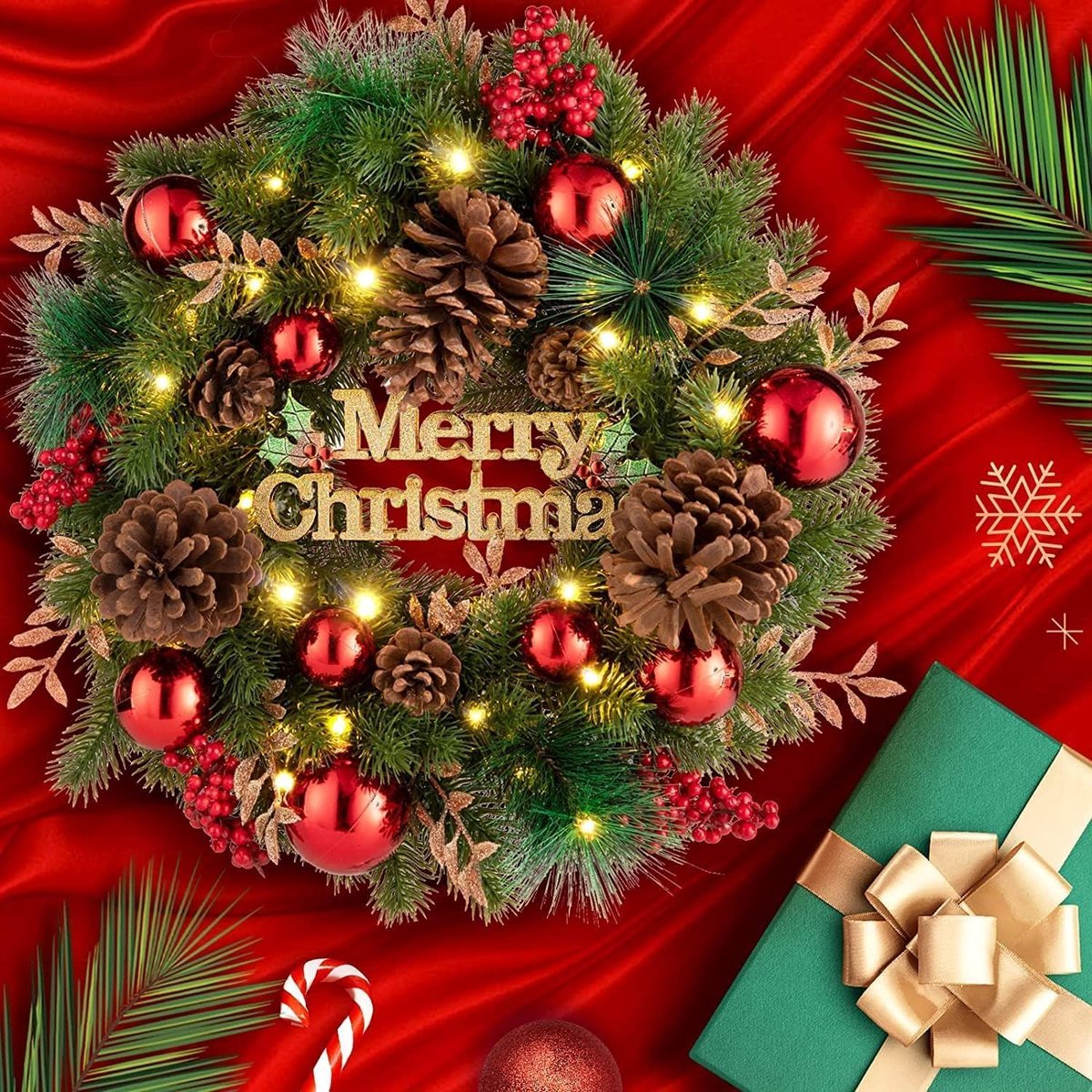 Kerstkrans 40cm met Lichten - Warm Wit - Met Dennenappels en Ballen - Sfeervolle Kerstdecoratie voor Deur - ShopVlot