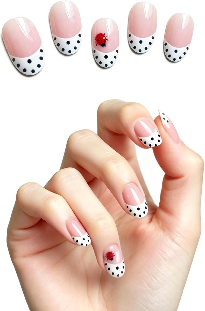 French kunstnagels 24 stuks - 3D rode lieveheersbeestjes - kort ovaal - zelfklevend voor salonkwaliteit - ShopVlot