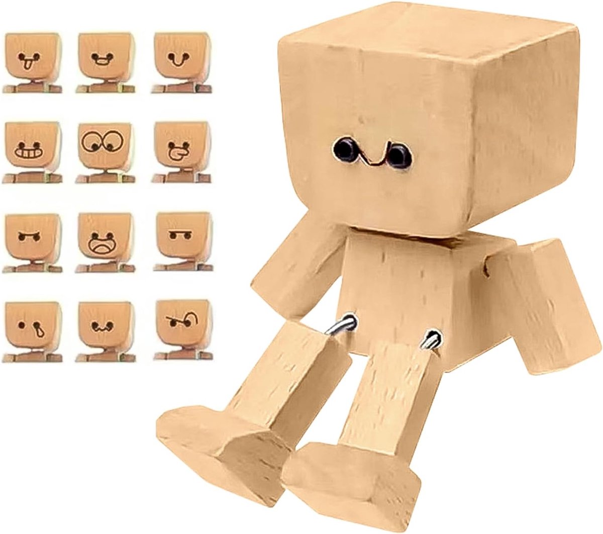 Wiebelfiguur auto met 12 magnetische gezichtsuitdrukkingen - handgemaakt houten decoratie - perfect voor bureau gebruik - ShopVlot