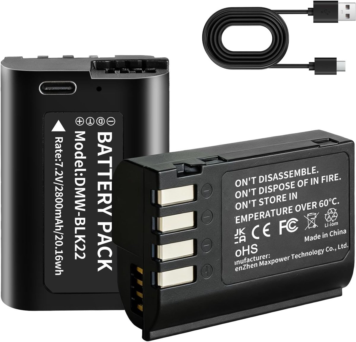 Accu DMW-BLK22 2800-mAh - 2-pack USB-C - Snelladen in 3 uur - Geschikt voor Panasonic camera's - ShopVlot
