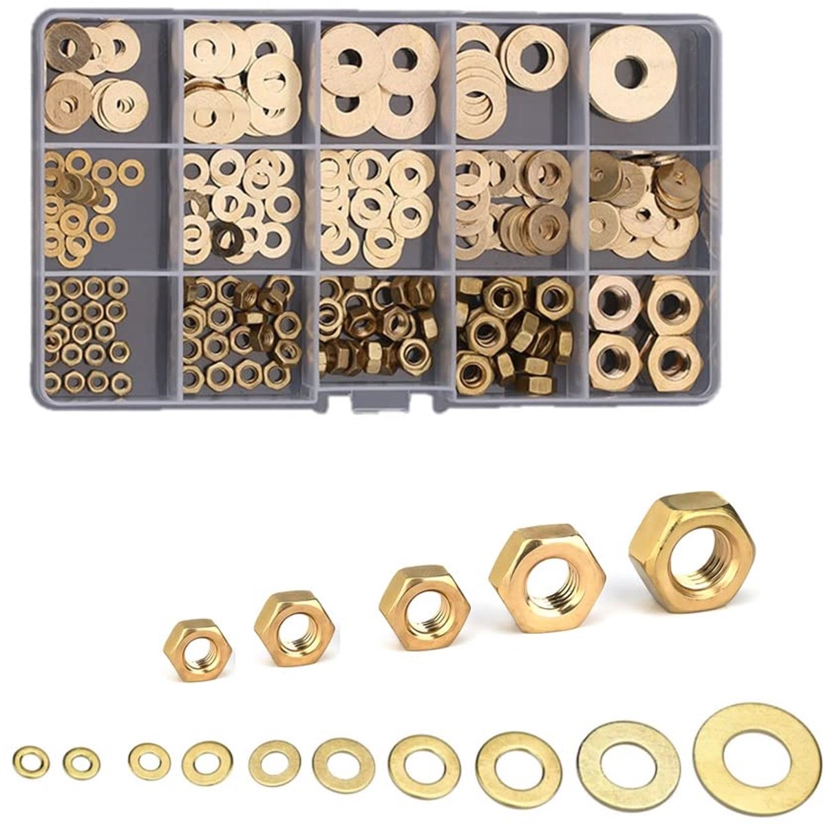 Hexmoeren en vlakke ringen 253-delig - messing - corrosiebestendig - ideaal voor bevestigingen - ShopVlot