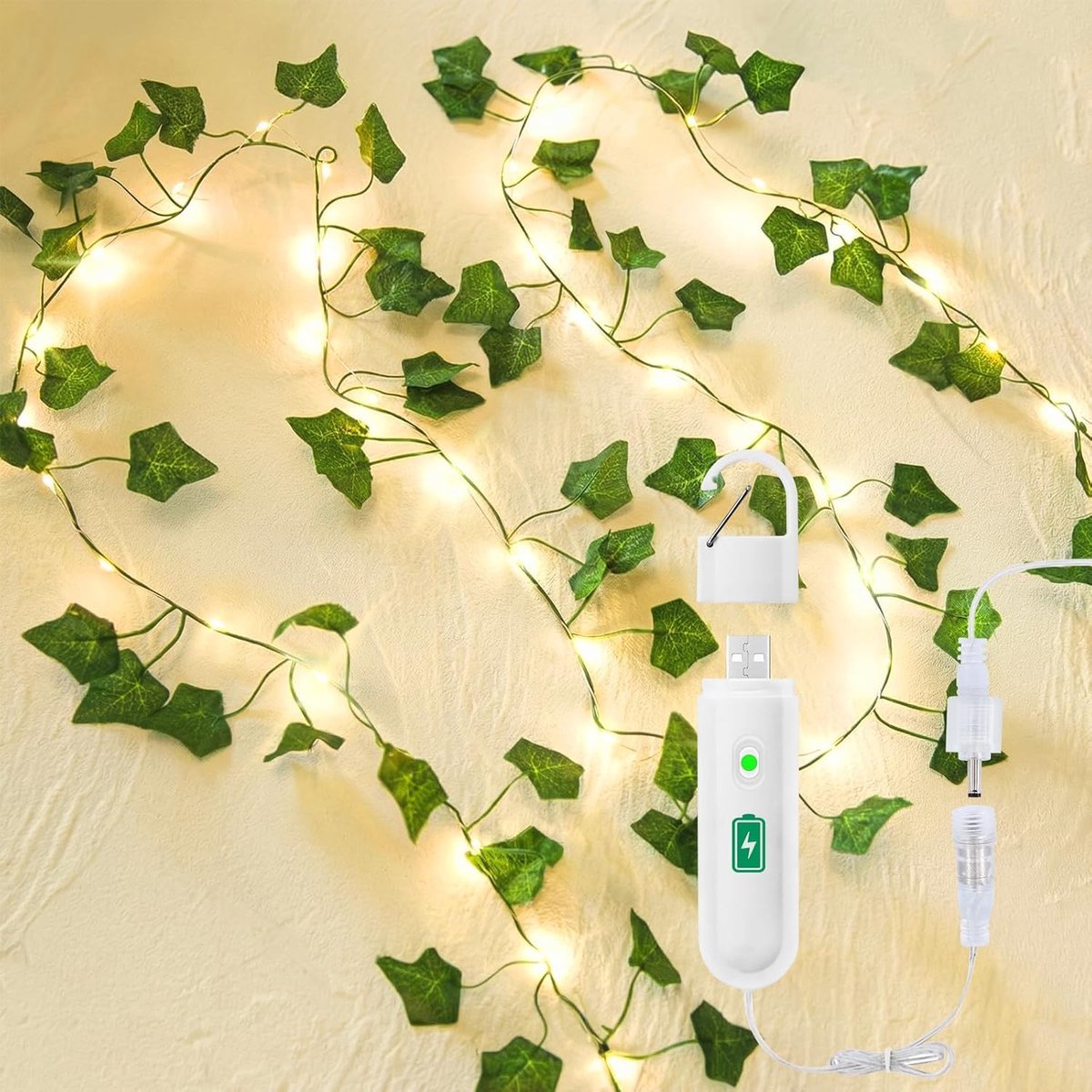 Kunstklimop lichtketting, batterij afneembaar en oplaadbaar, 2 m, 20 leds met timer, lenteplanten voor decoratie slaapkamer, wanddecoratie, kamerdecoratie, esthetisch