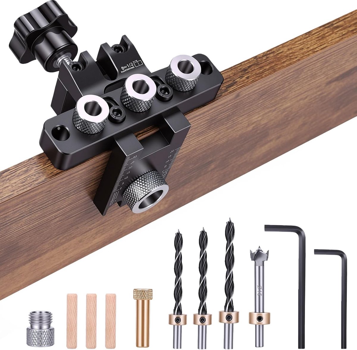 3-in-1 set, verstelbaar, aluminium, maten 8,15 mm, inclusief boor en positioneringsblok, ideaal voor houtbewerking, binnenmeubels en doe-het-zelfprojecten