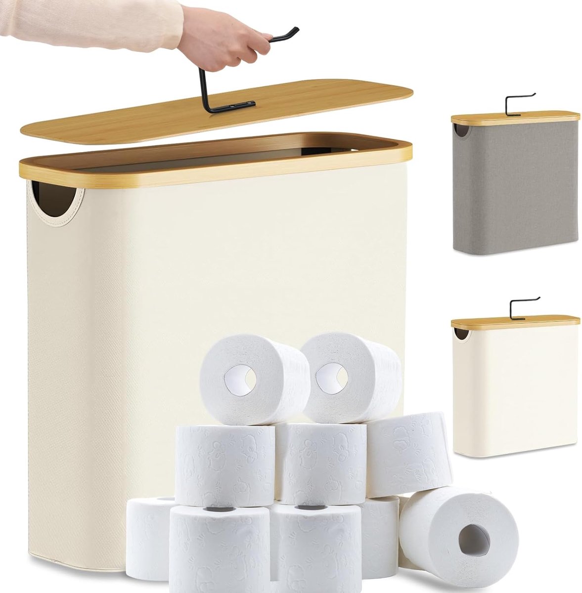 30 liter toiletpapier opbergmand met bamboe deksel, toiletpapieropslag, witte elegante badkameropslag voor heldere rollen