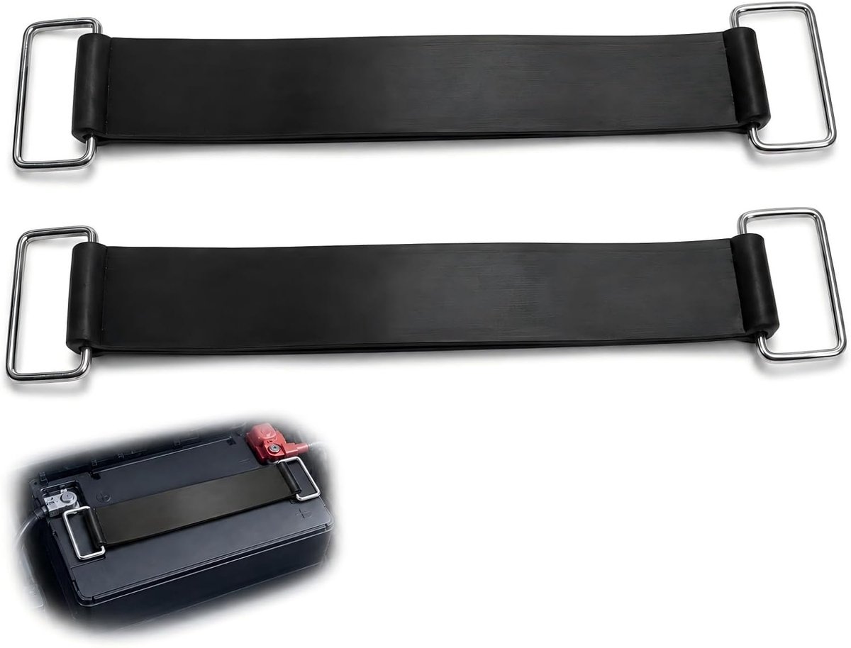 2 stuks rubberen accuband 175 x 25 mm, motorfiets accuriem met metalen haak, elastische accu-bevestigingsband, rubberen houder riem voor scooter, bromfiets, quad, ATV, kleine voertuigen, zwart