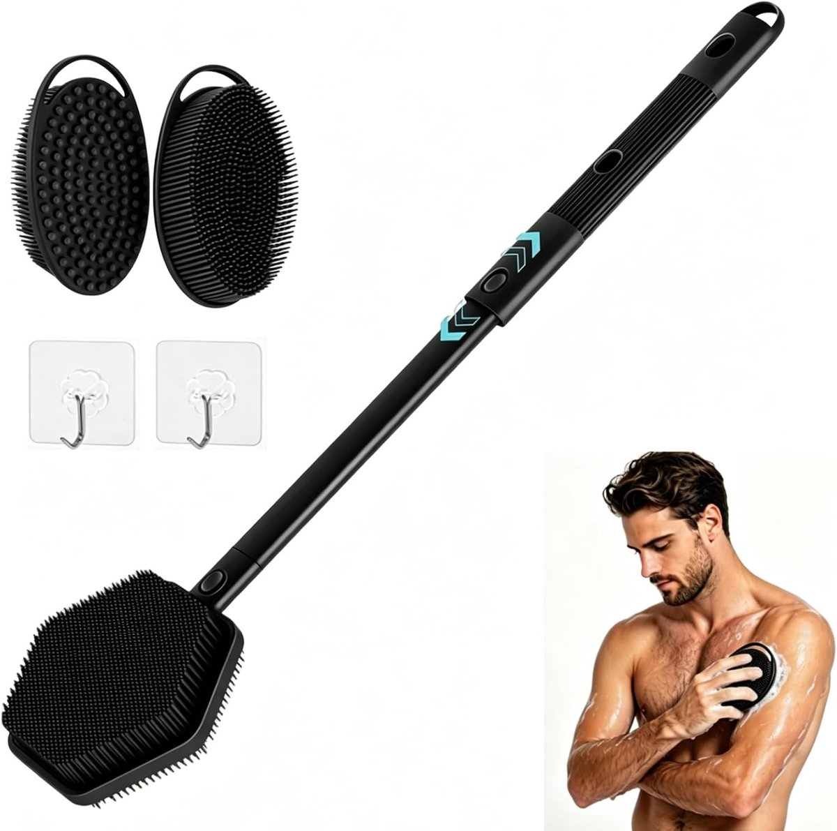 2 stuks siliconen rugschrobbers voor douche, dubbelzijdige doucheborstel rug, siliconen body scrubber met lange handgreep, verstelbare lichaamsborstel, afneembaar, rugborstel voor douchen, reinigen