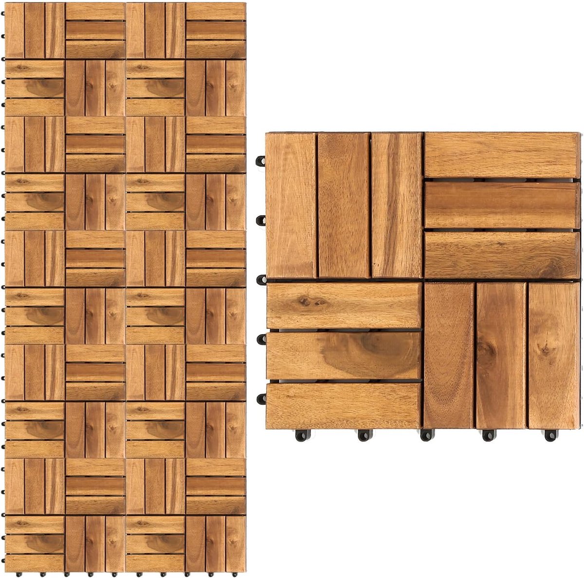 Houten tegels, terrastegels, houten tegels, 11 tegels voor 1m², 30 x 30 cm, balkontegels, weerbestendig, met drainage, van acaciahout met kliksysteem, insteeksysteem (stijl: 12 latten)