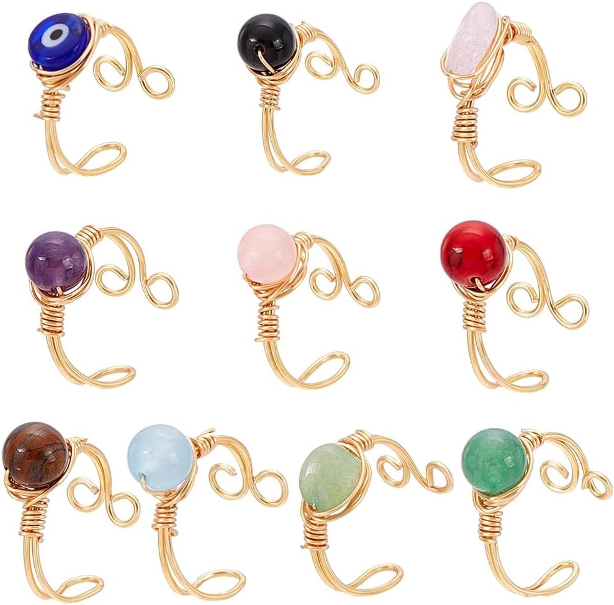 10 stijlen, 10 stuks, verstelbare ring, gewikkeld, met draad, onregelmatige edelstenen, voor vrouwen, set met stapelbare modieuze ringen, 18 mm