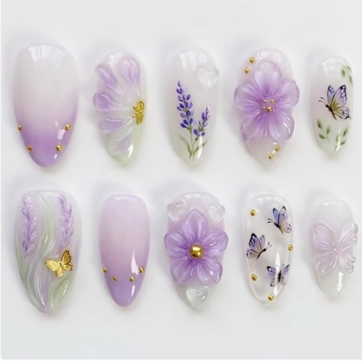 nagels, kort, amandelpaars, 3D, vlinder, bloemen, bloemendesign, amandel, nepnagels, paars, lavendel, vlinder, Sweet Summer INS kunstmatige kunstnagels