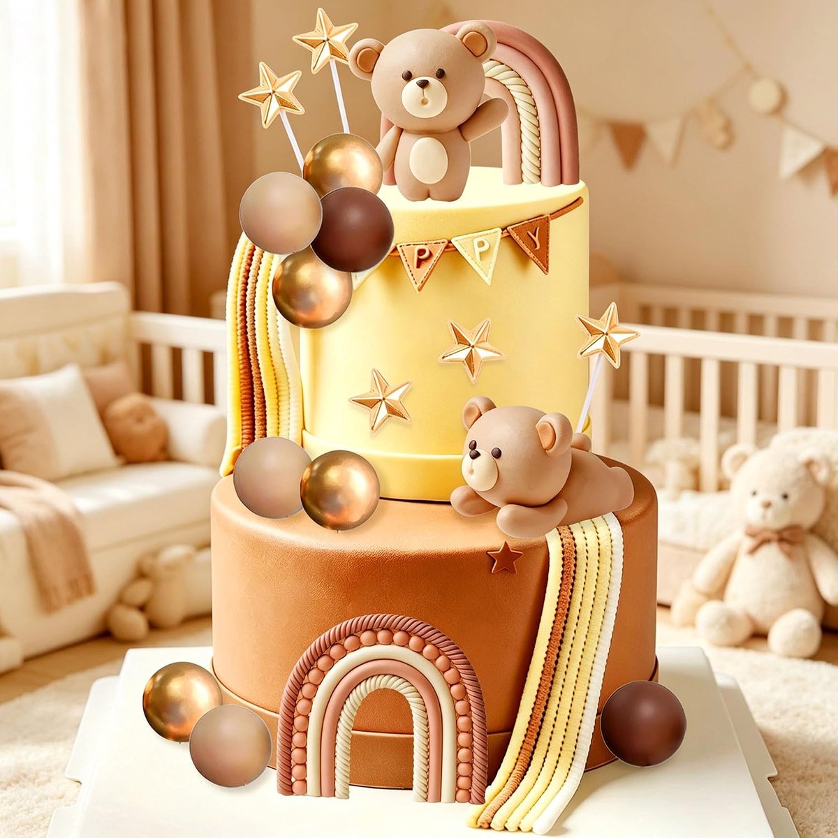 bruine beer taartdecoratie beige regenbal knikkers boho babyparty | bruine beer taartdecoratie beige regenbal knikkers boho babyparty verjaardagsfeest accessoires