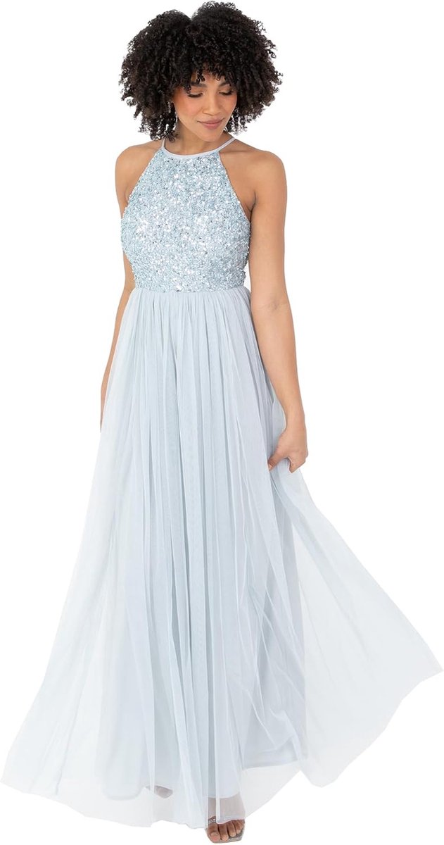 Deluxe Verfraaide mouwloze maxi-jurk met lovertjes voor dames, bruidsmeisjesjurken voor bruiloften, feesten en avondkleding, halternek voor dames, ijsblauw 6, IJsblauw, 32