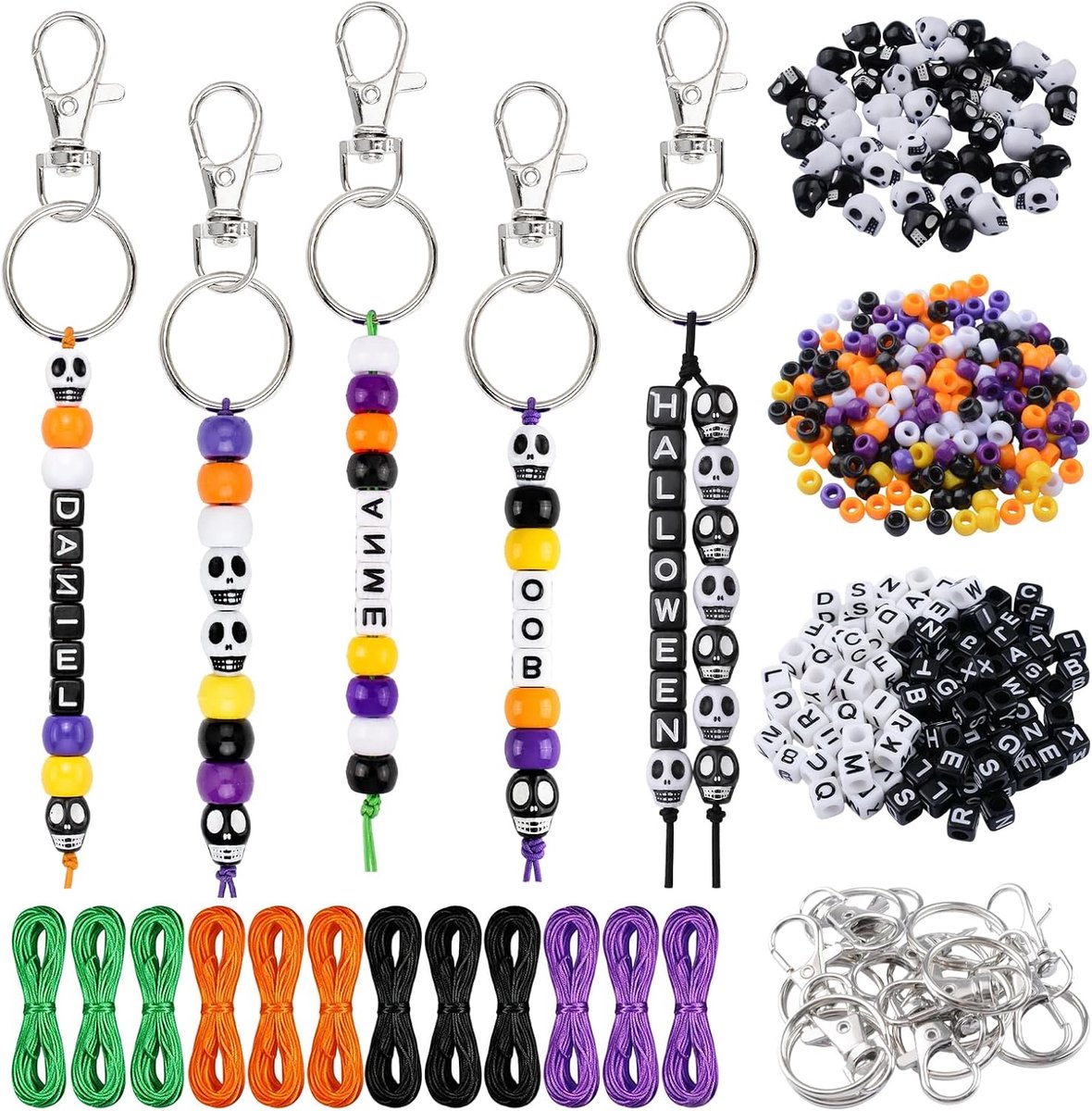 Halloween DIY Bead Sleutelhanger Maken Kit, 4 Soorten Draad 12 Stks Sleutelhangers Schedel Brief Kralen voor Rugzak Dant Party Sieraden Maken Cadeaus