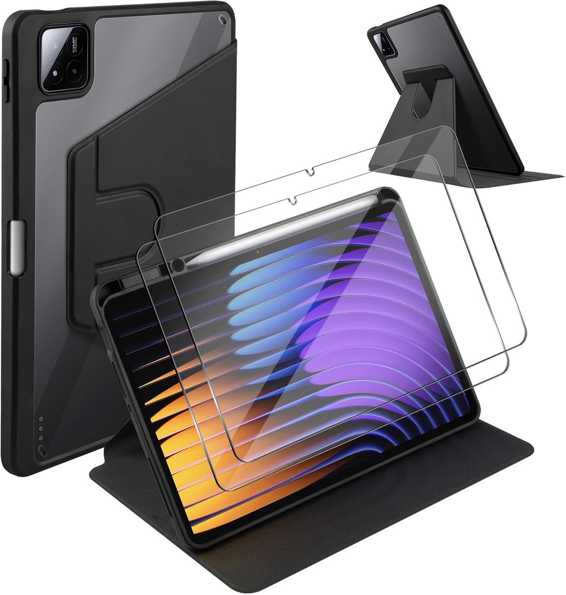 Beschermhoes + 2 Stuks Displaybeschermfolie Van Gehard Glas, Compatibel met Xiaomi Pad 7(Pro)/Pad 8(Pro) 11,2 Inch, Krasbestendige 9H Ultra Heldere, 360 Graden Draaibaar, Allround Bescherming