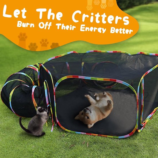 Cat Tunnel en Play Tent, Regenboog Gekleurd, Mesh Behuizing met Verbindende Tunnel — afbeelding 2