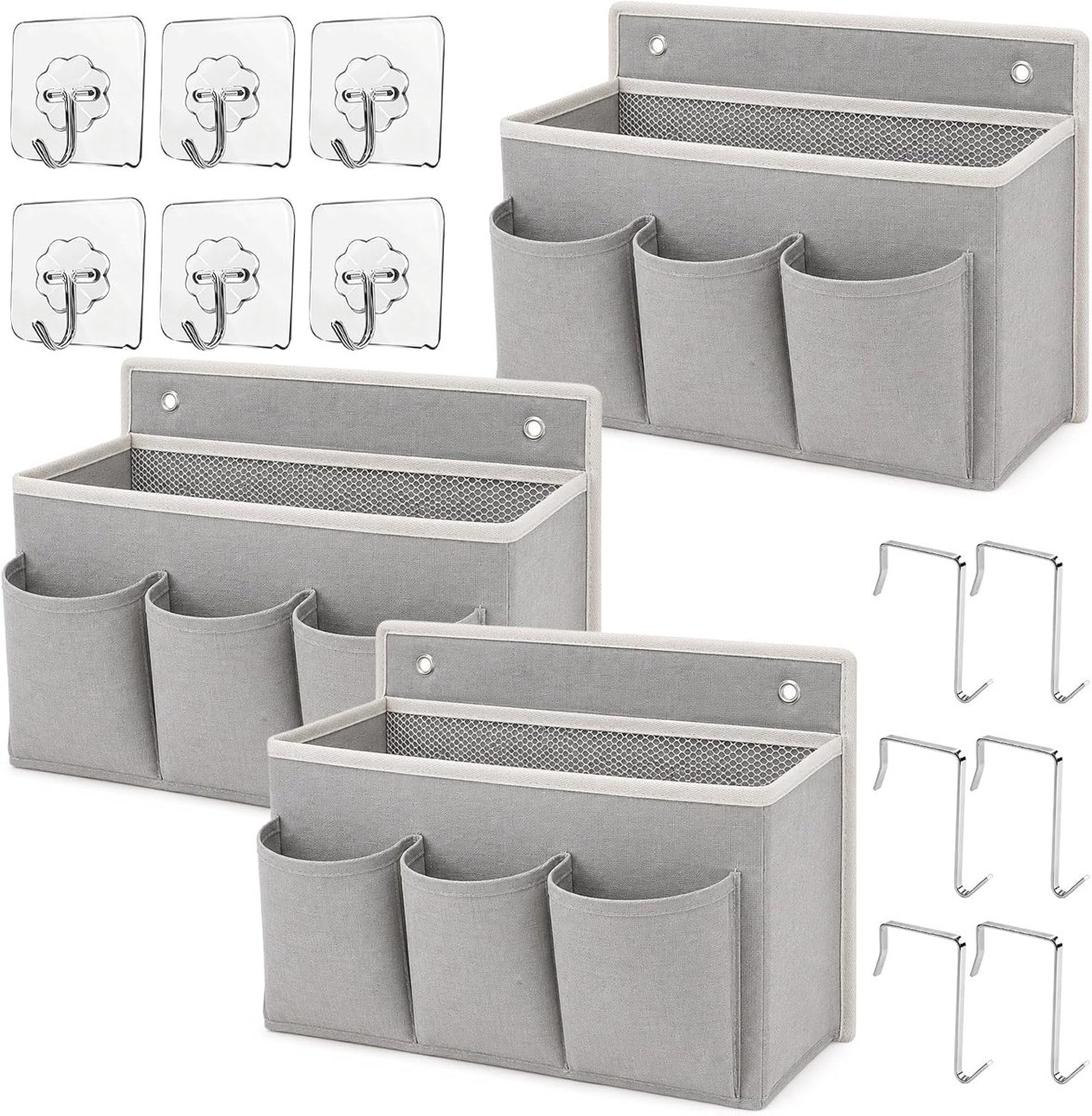Hangorganizer, grijs, van katoen en linnen, met 5 vakken, wandorganizer, tas met 12 haken, hangorganizer, camping, hangrek, kluisje, smal, voor bed, slaapkamer, camper, badkamer, 3 stuks