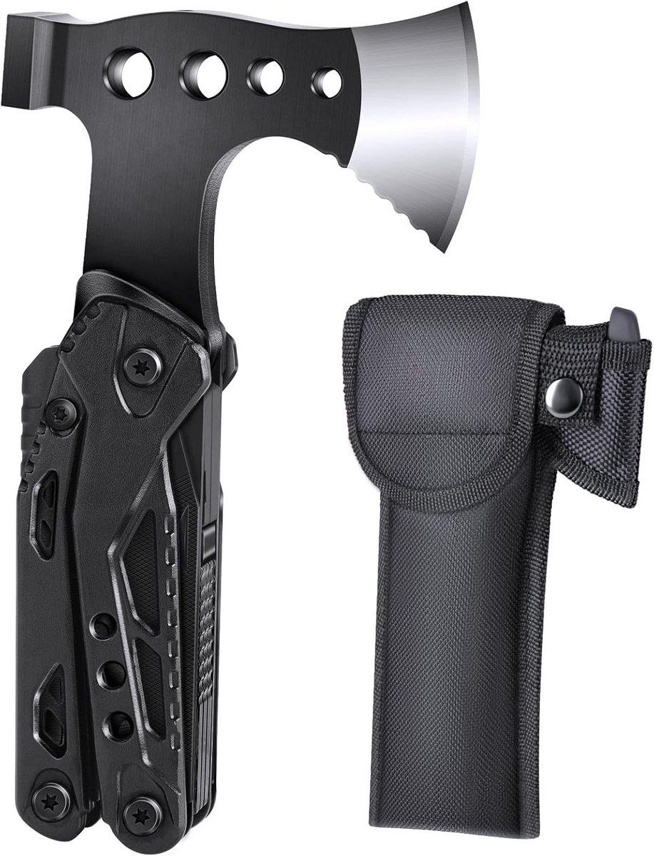 Multitool bijl, 16-in-1, bijl, klein multifunctioneel gereedschap van roestvrij staal met hamer, zaag en bitset, robuuste campingaccessoires en survival-uitrusting, geschenken voor mannen en