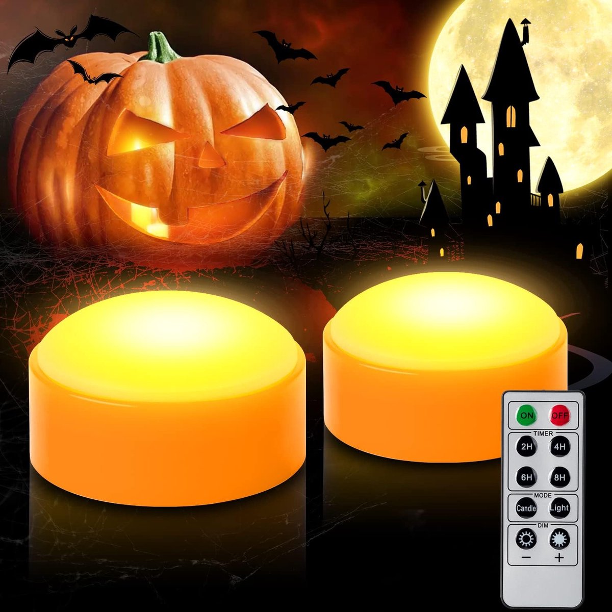 2 STKS Halloween LED Pompoen Lichten met Afstandsbediening en Timer, Batterij Werkt Oranje Jack-O-Lantern Licht voor Halloween Decor, Vlamloze Kaarsen voor Pompoen Decoratie