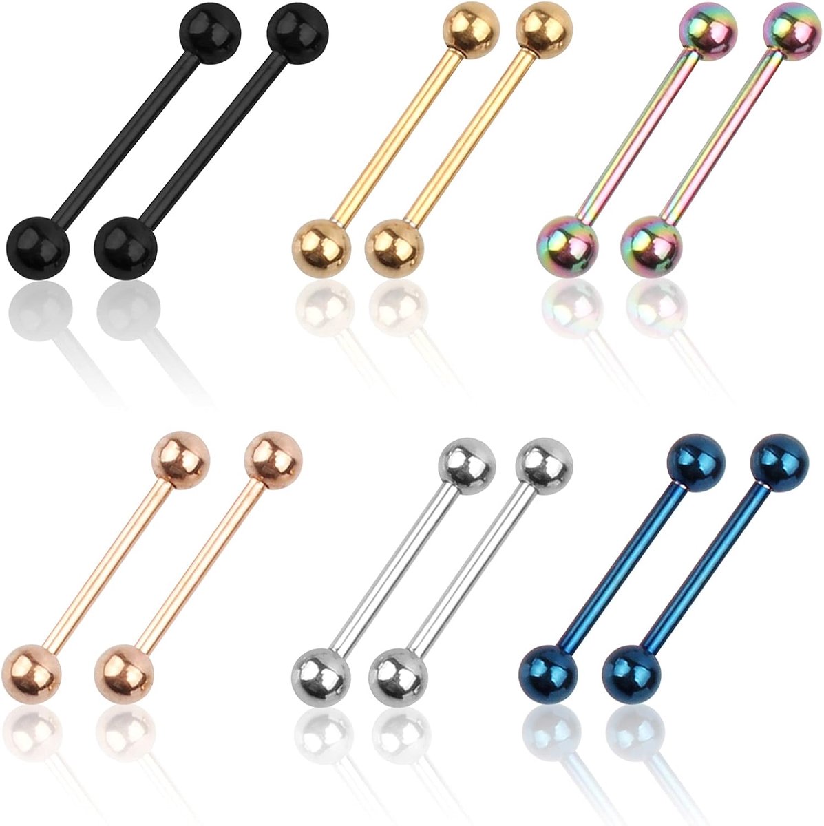 6 Pairs 9/16 Inch Rvs Tong Halters Kraakbeen Piercing Ring voor Tepel Lip 14 Gauge 6 kleuren