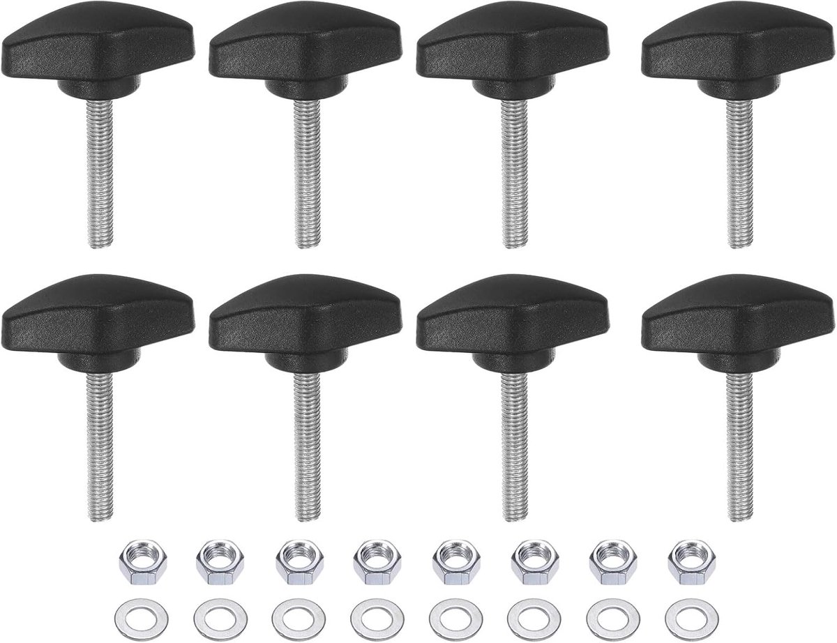 8 stuks T-grepen, M5 x 30 mm, metrische schroefdraad, 36 mm, Z/T-kop, kunststof handgrepen, handschroeven, voor het vastdraaien van schroefdraadschroeven, met sluitringen, zwart, 8 stuks