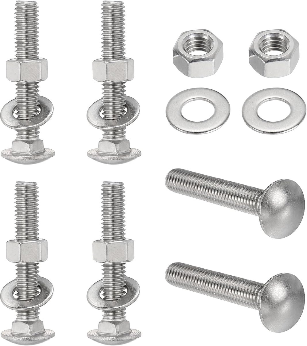 Ronde kopschroeven met vierkante hals 6 sets, 3/8-16 x 2-1/2 inch 304 roestvrij stalen bouten assortiment ronde kop vierkante hals met zeskantmoeren en sluitringen - zilver