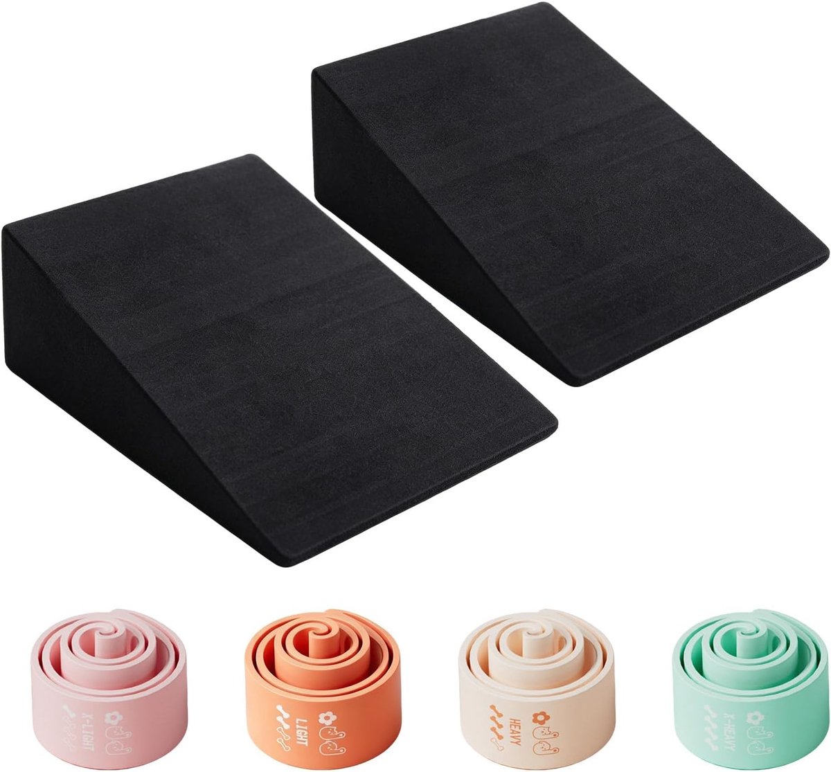 set van 2 kuitstretchers, squat wedge, kniebuigblok, antislip, met 4 fitnessbanden, voor diepere kniebuigingen en deadlifts, fysiotherapie-accessoires, van EVA met hoge dichtheid