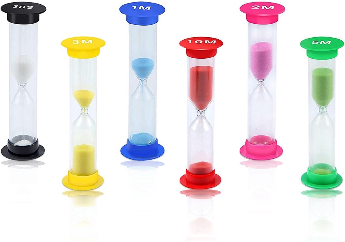 6 stuks zandlopertimer, 30 sec / 1 min / 2 minuten / 3 minuten / 5 minuten / 10 minuten PVC ABS glas zandloper voor klaslokaal, thuiskantoor, spel