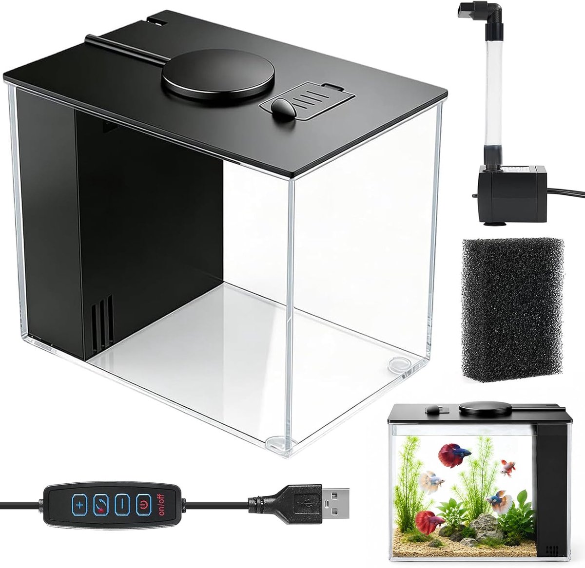 4,3 l klein Betta aquarium, starterset met filterpomp, ledverlichting, ideaal voor kleine vissen, garnalen, planten, aquascape DIY (20 x 15 x 15 cm, zwart)