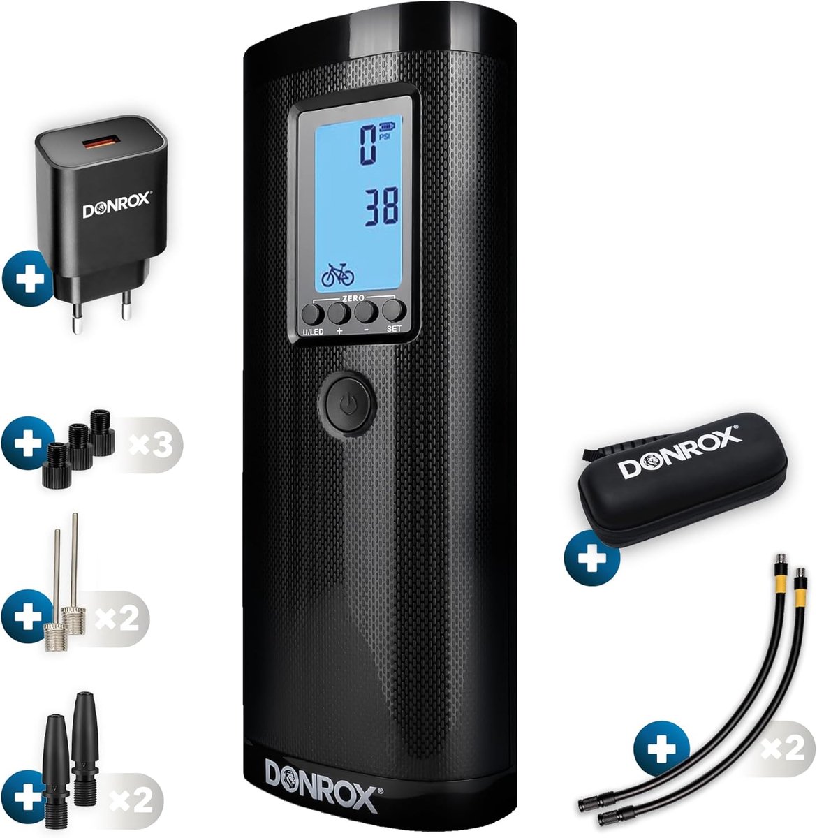 SnelShoppen - Donrox Ride F511 Complete Bundle - Draagbare Compressor Fietspomp met Onderdelenpakket & Oplader - Ideaal voor Fietsen, Auto's en Sport
