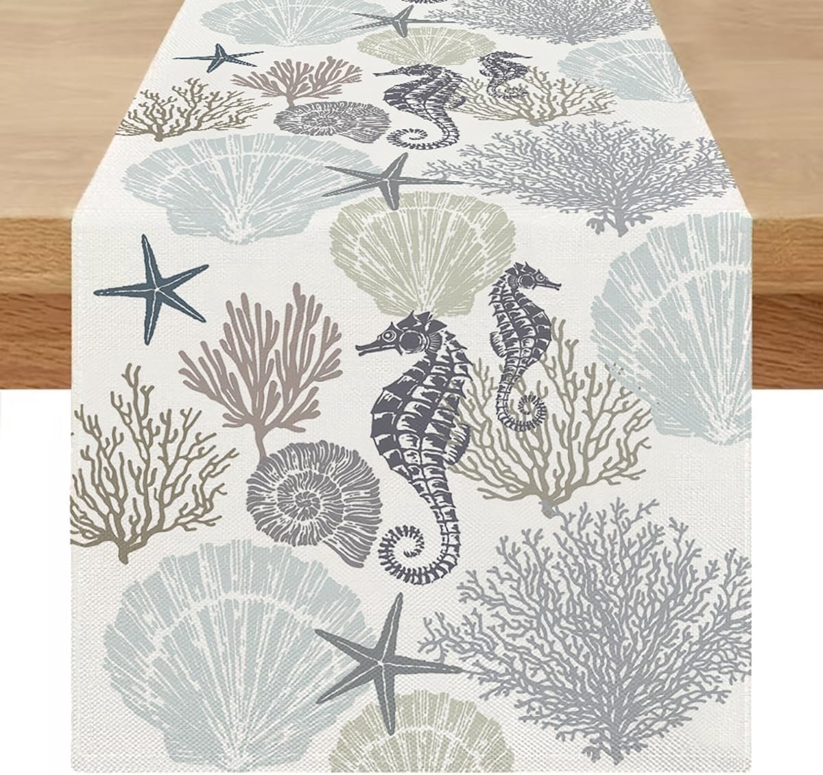 Tafelloper, modern, voor buiten, zomer, blauw, groen, weerbestendig, zeepaardje, afwasbaar, landhuisstijl, linnenlook, kort, voor lente, bruiloft, party, keuken, tafeldecoratie