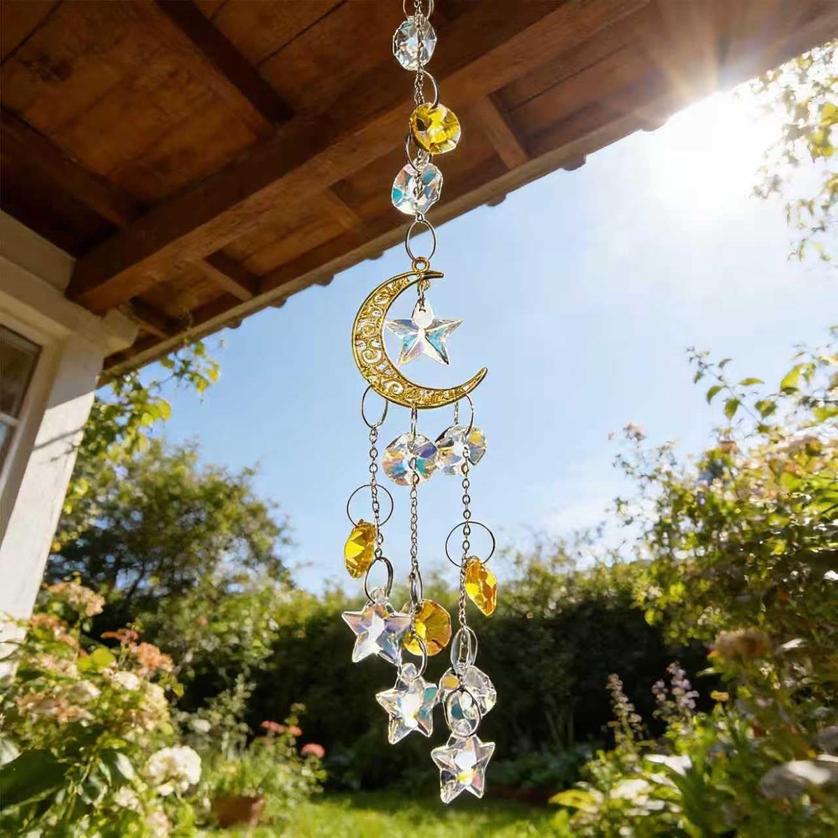 kristallen maan en ster zonnevanger, glazen raam opknoping ornament steentjes prisma's zonlicht regenboog maker voor huis tuin raam auto