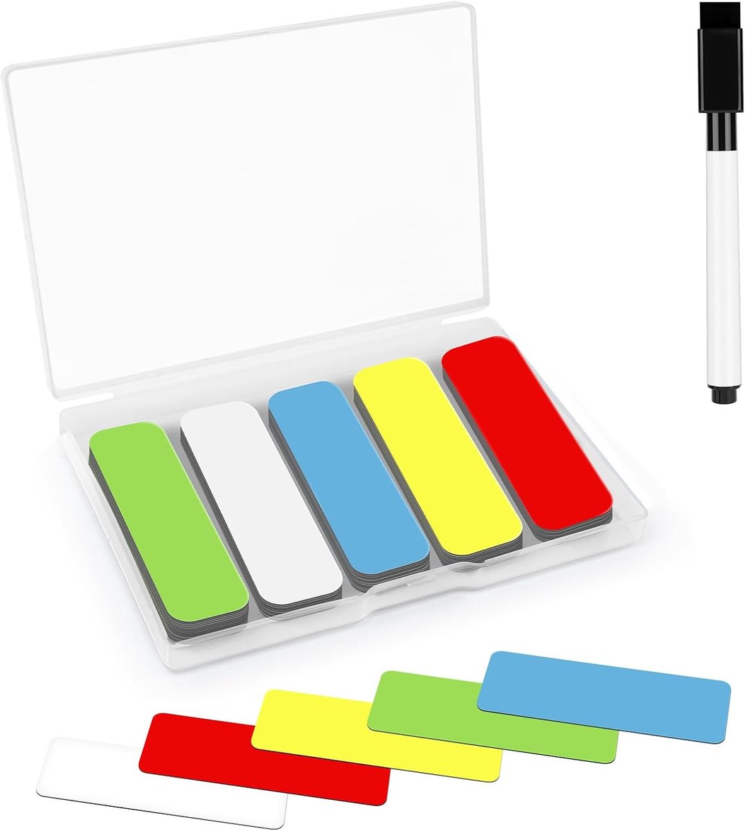 Magnetische etiketten, 90 stuks, herbruikbaar, kleurrijk, magnetische etiketten met markers, voor whiteboards, koelkasten, scholen en kantoren, 6 x 2 cm