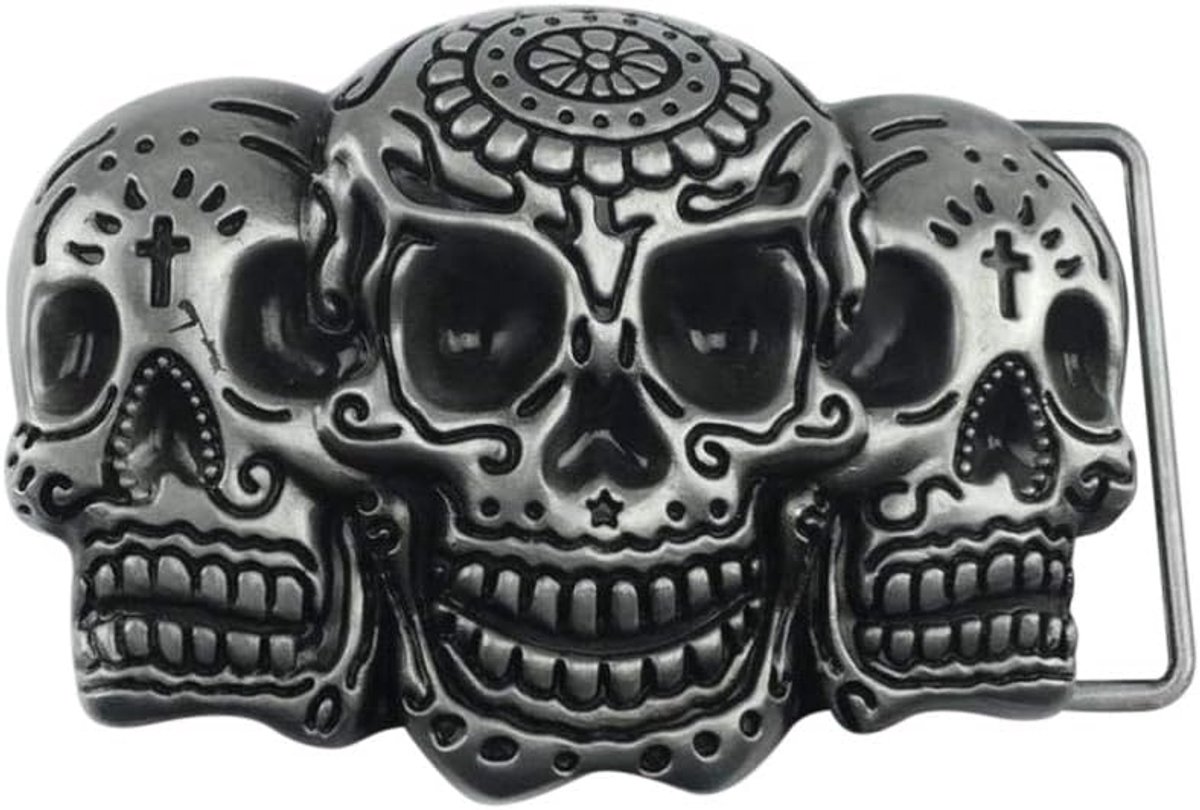 Riemgesp Calavera Mexicaanse doodskop staal vintage biker, Grijs