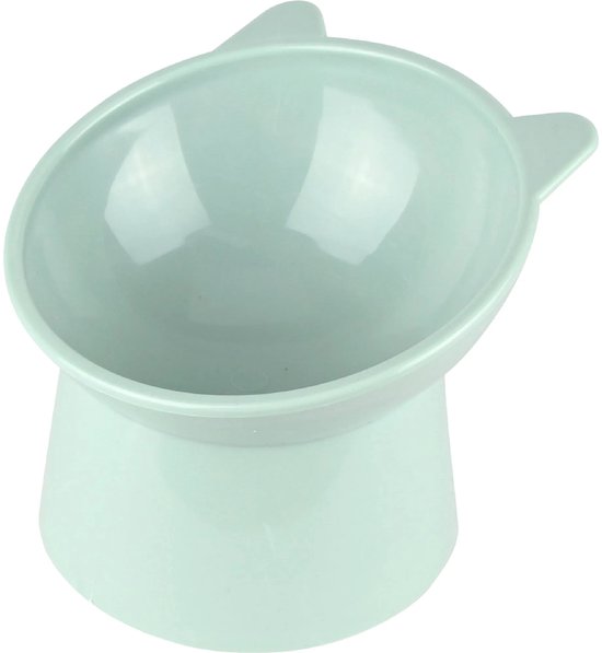 Mangeoire pour chat vert clair sur un pied, avec des oreilles de chat sur le bord.