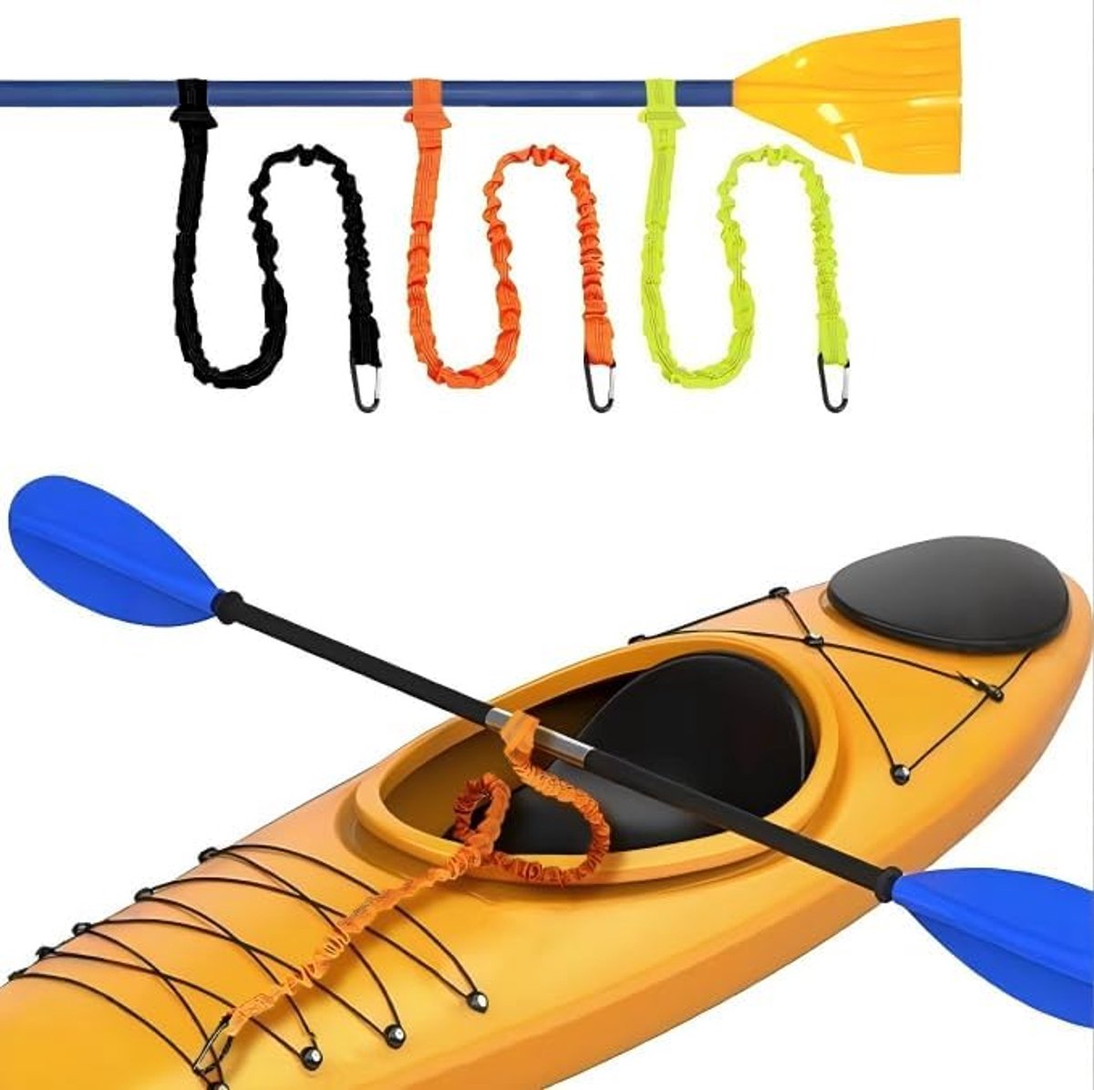 2 stuks kajakaccessoires, elastisch kajakpeddeltouw, kano-peddeltouw met veerhaak, met riemgesp en metalen haak, geschikt voor kajak, kano, surfboot